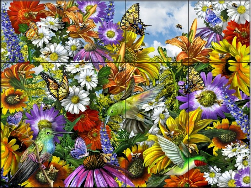 Vibrant Garden with Birds and Butterflies