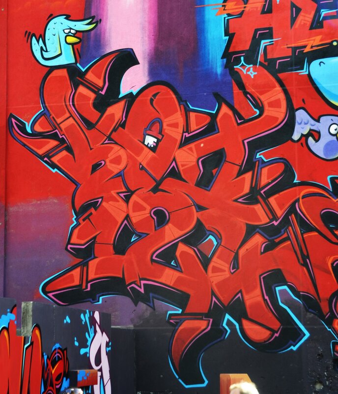 vibrant graffiti art with cartoon birds
