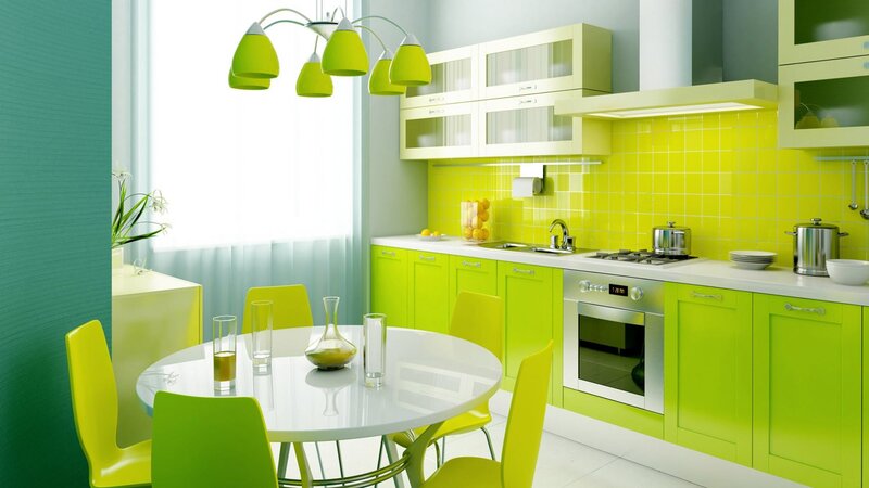 vibrant green kitchen interior