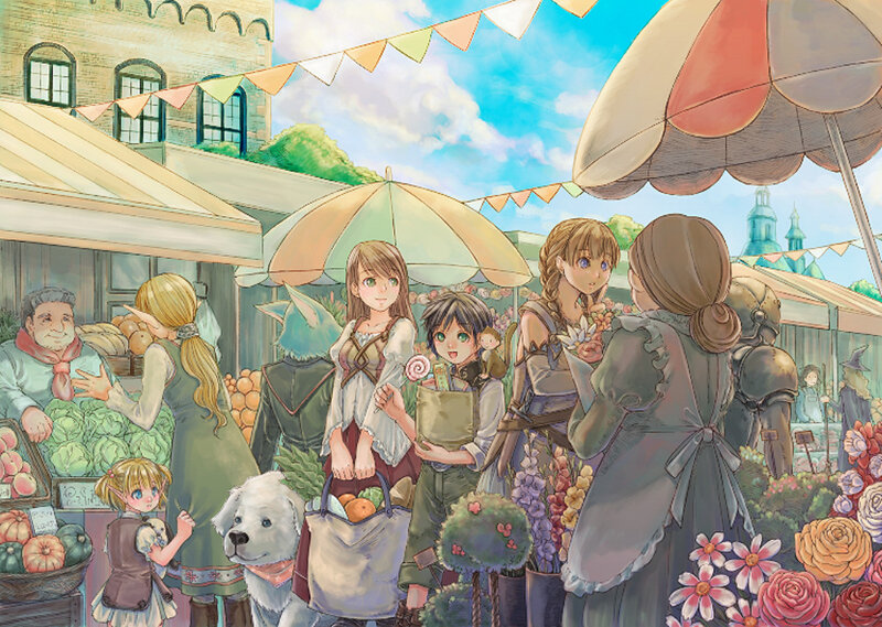 Vibrant market scene with fantasy characters