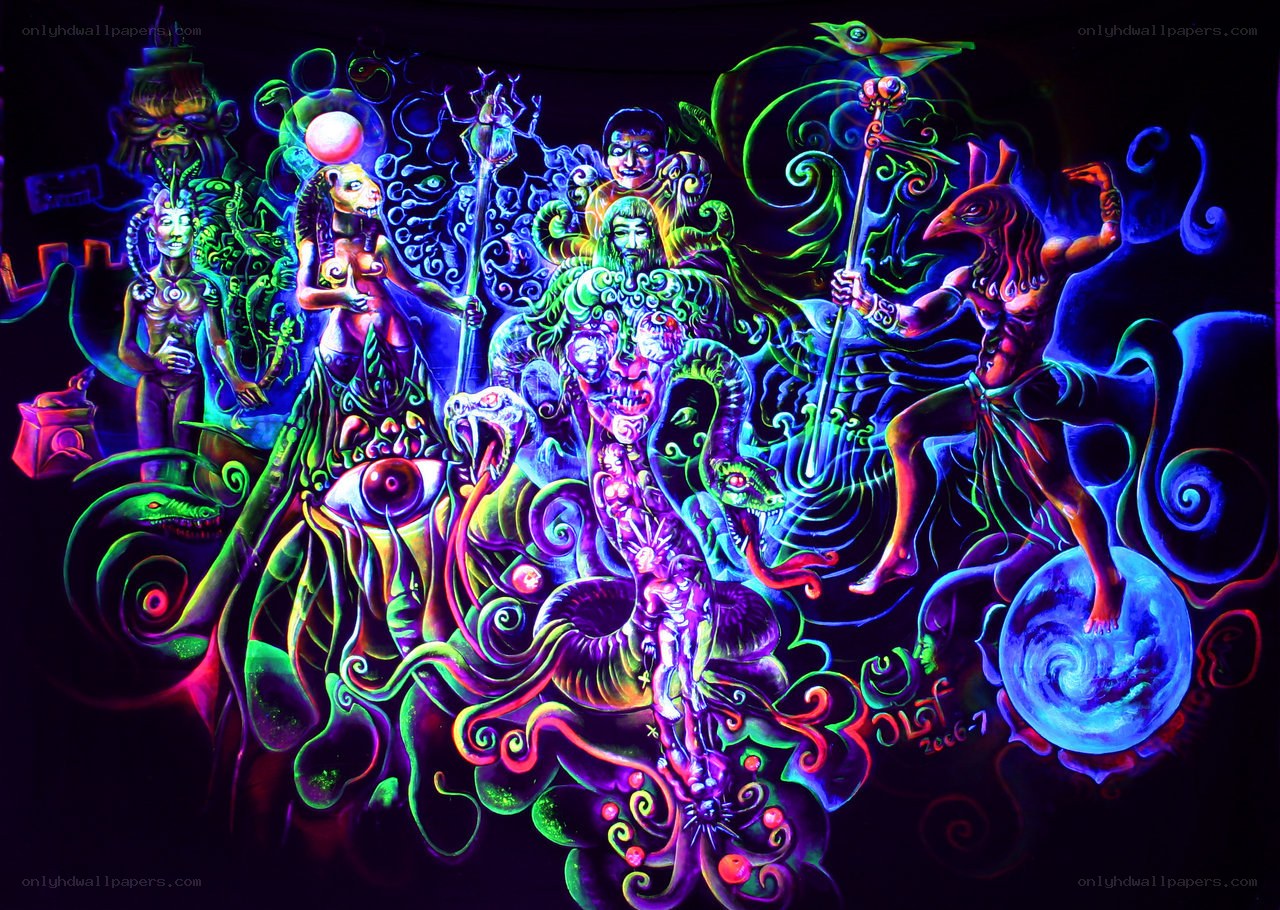 vibrant neon mythological scene