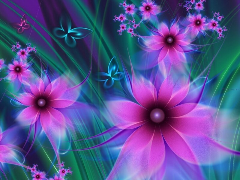 vibrant purple flowers and butterflies