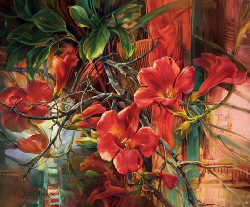 Vibrant red flowers in a painting