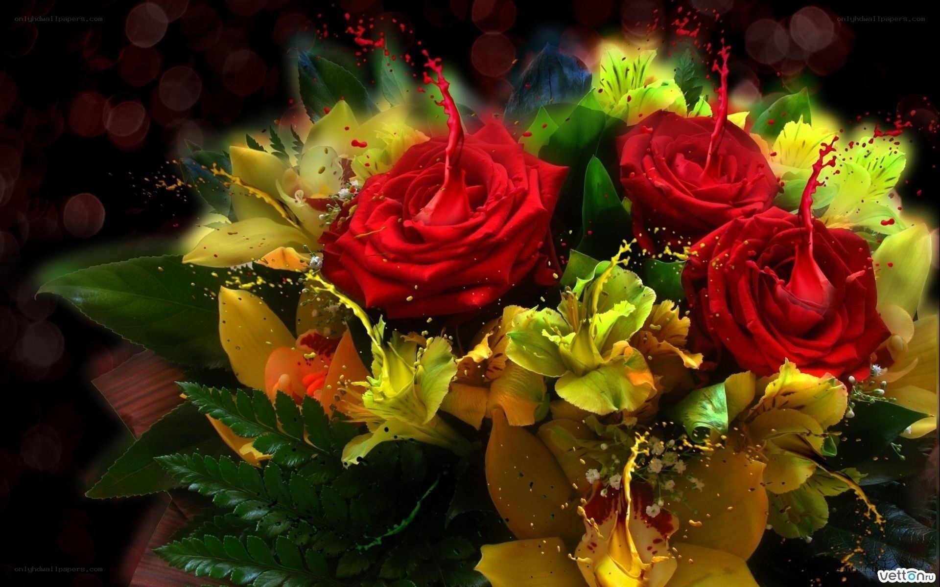 vibrant red roses and yellow flowers