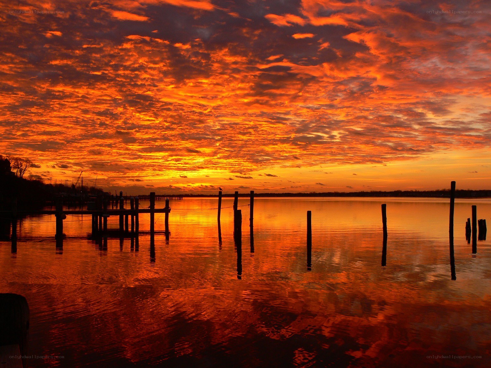 Vibrant sunset over a calm harbor