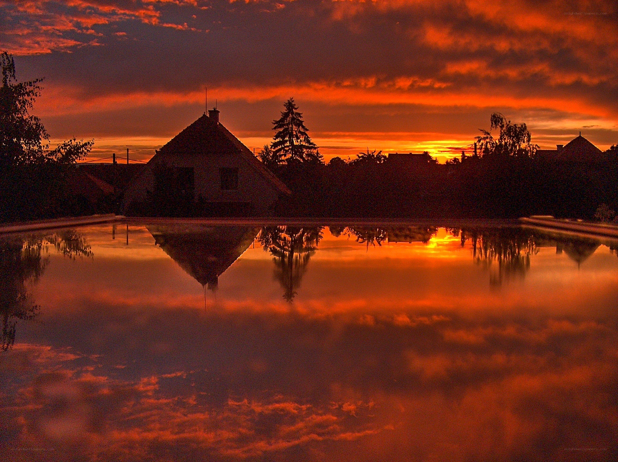 Vibrant sunset over a quiet village
