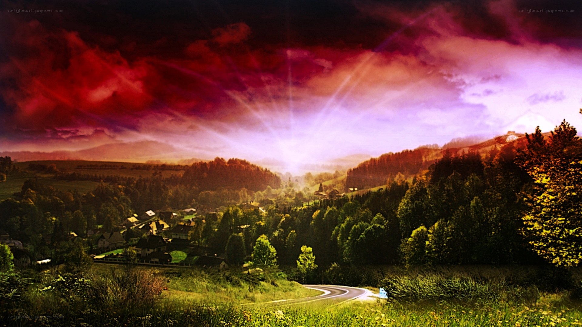 Vibrant sunset over a village