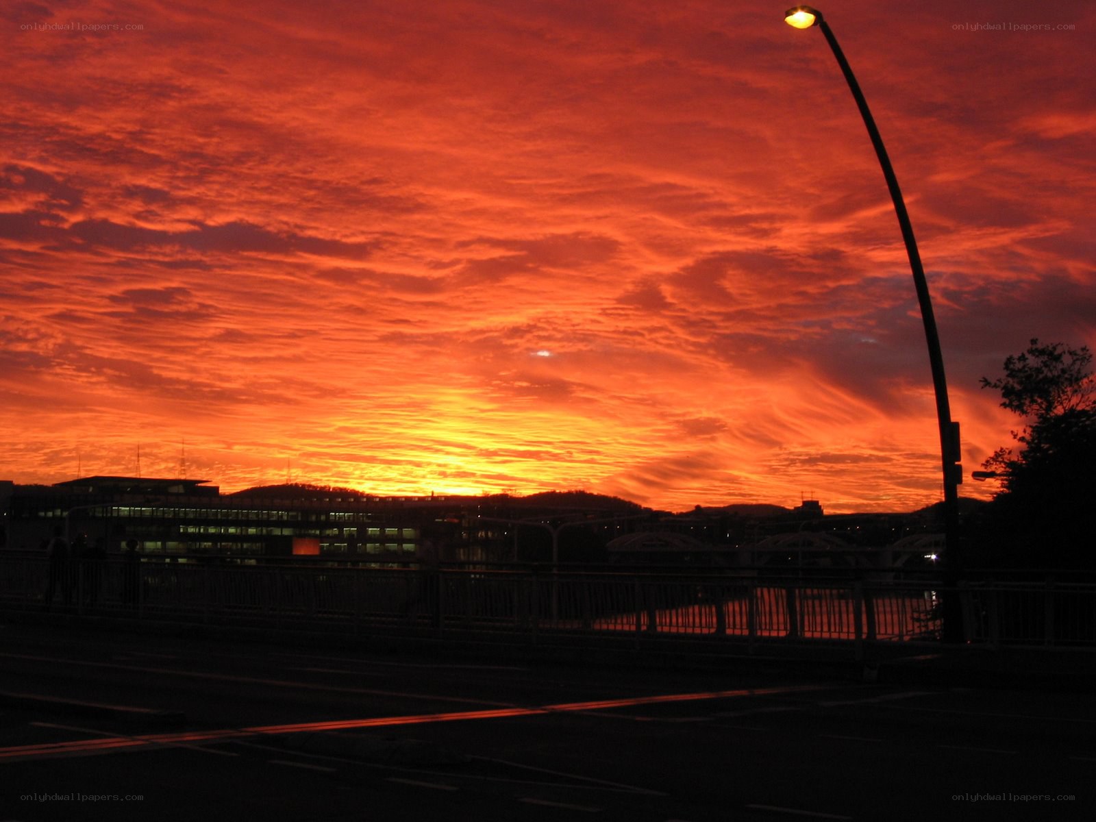 Vibrant sunset over city