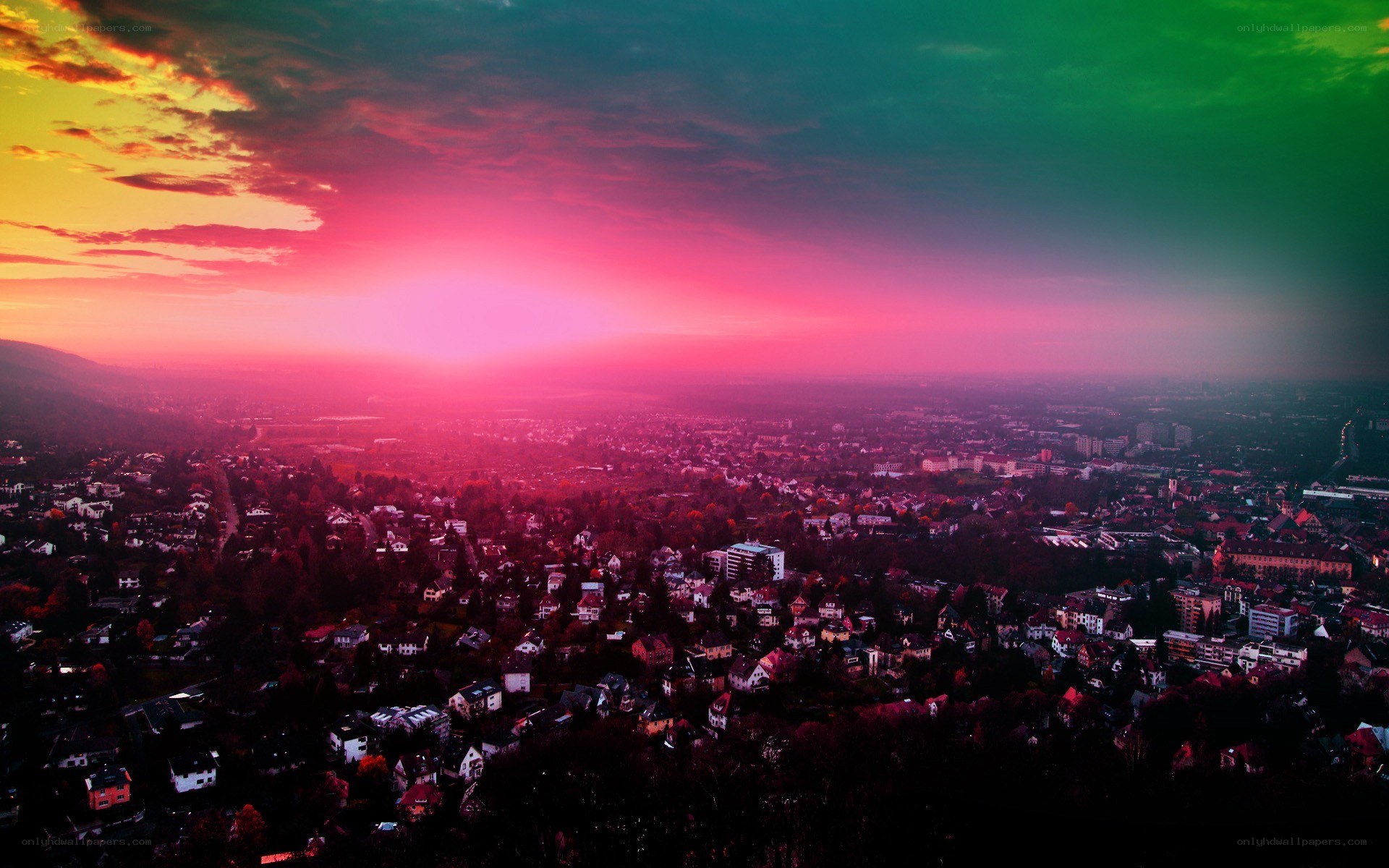 vibrant sunset over city