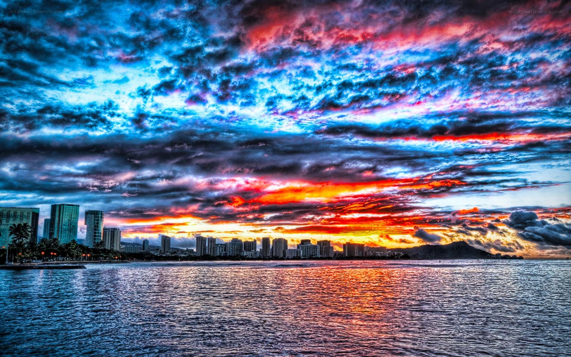 Vibrant sunset over city skyline