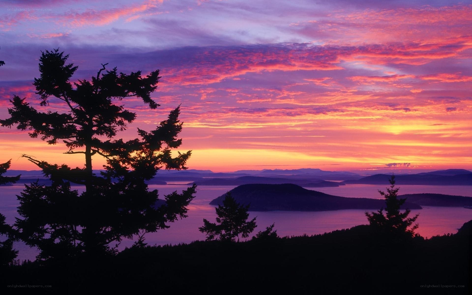 Vibrant sunset over coastal islands