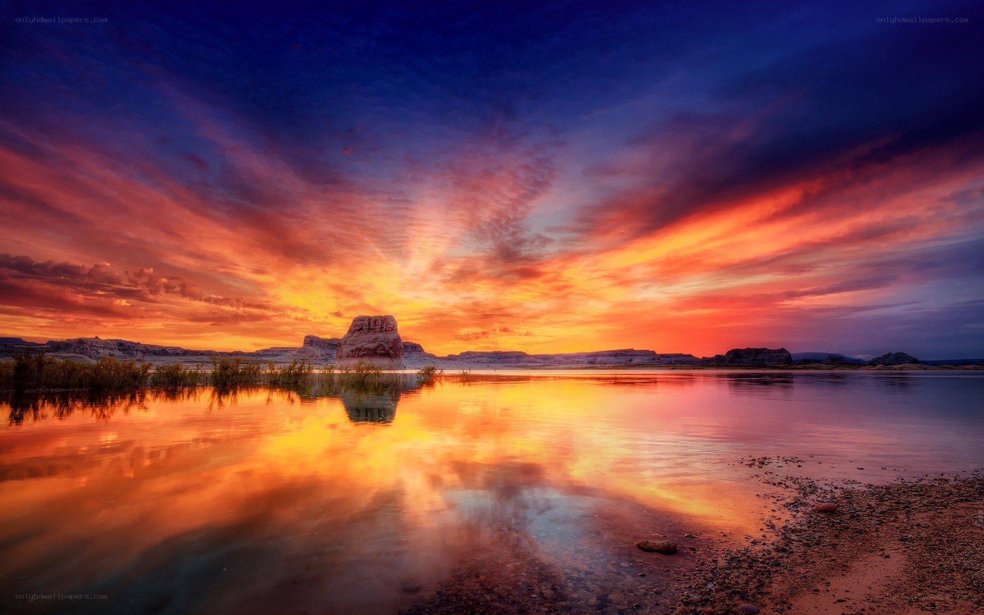 Vibrant sunset over lake