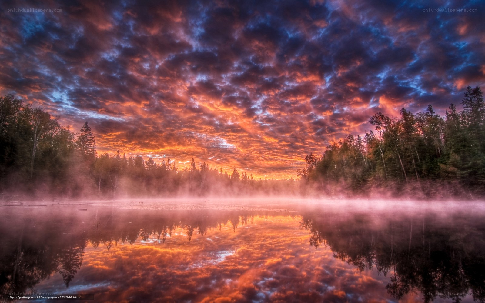 Vibrant sunset over misty lake