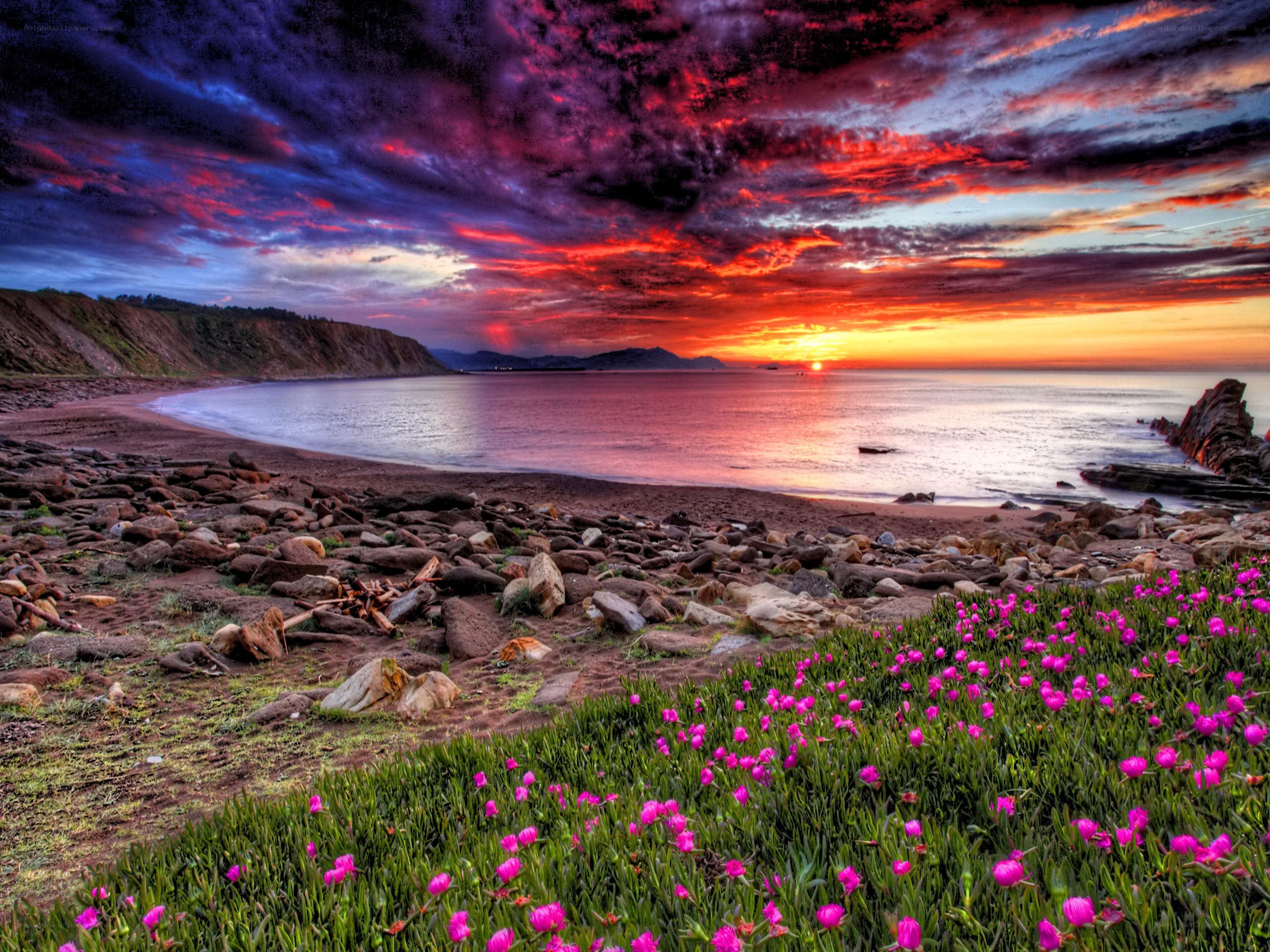 Vibrant sunset over rocky beach