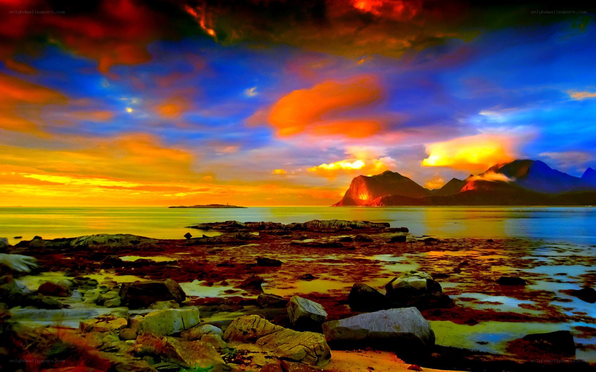 Vibrant sunset over rocky coast
