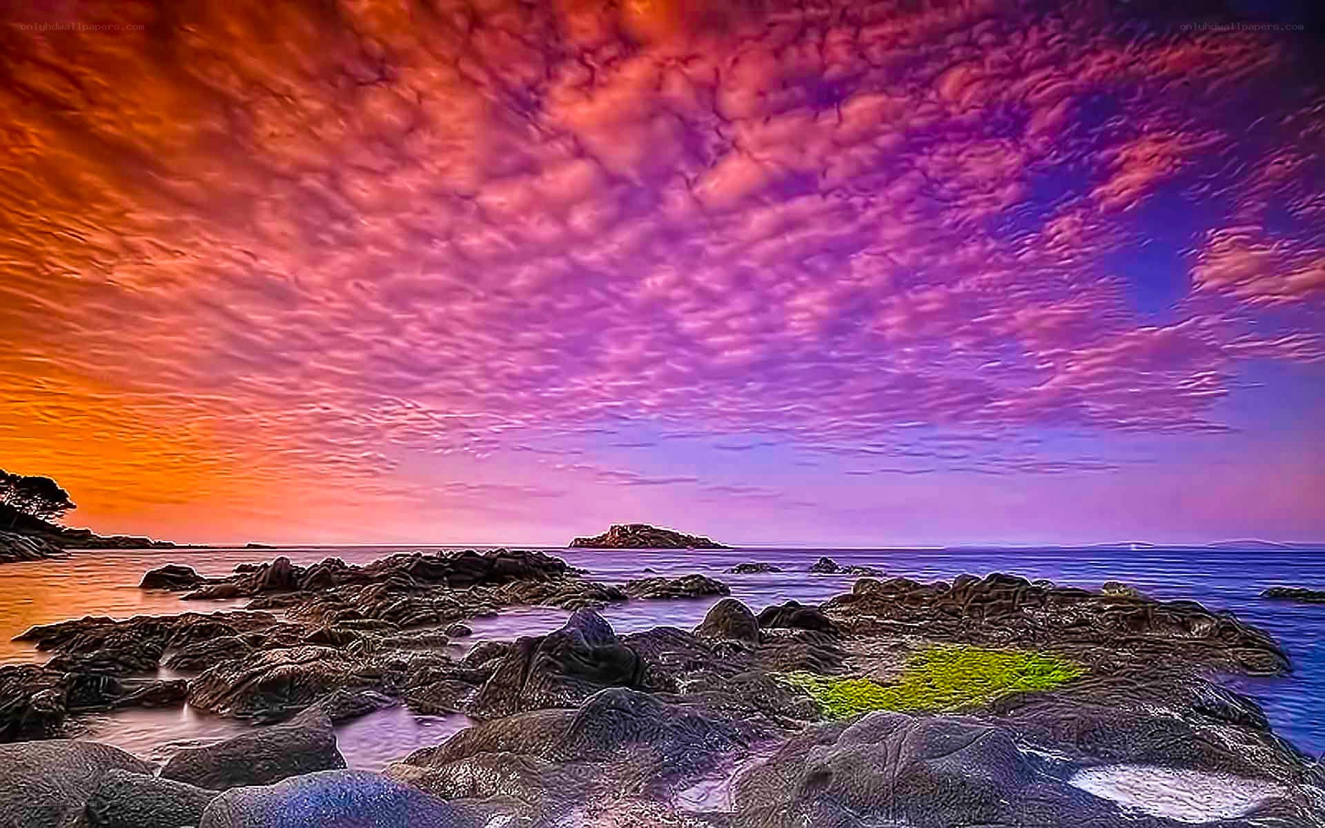 Vibrant sunset over rocky shore