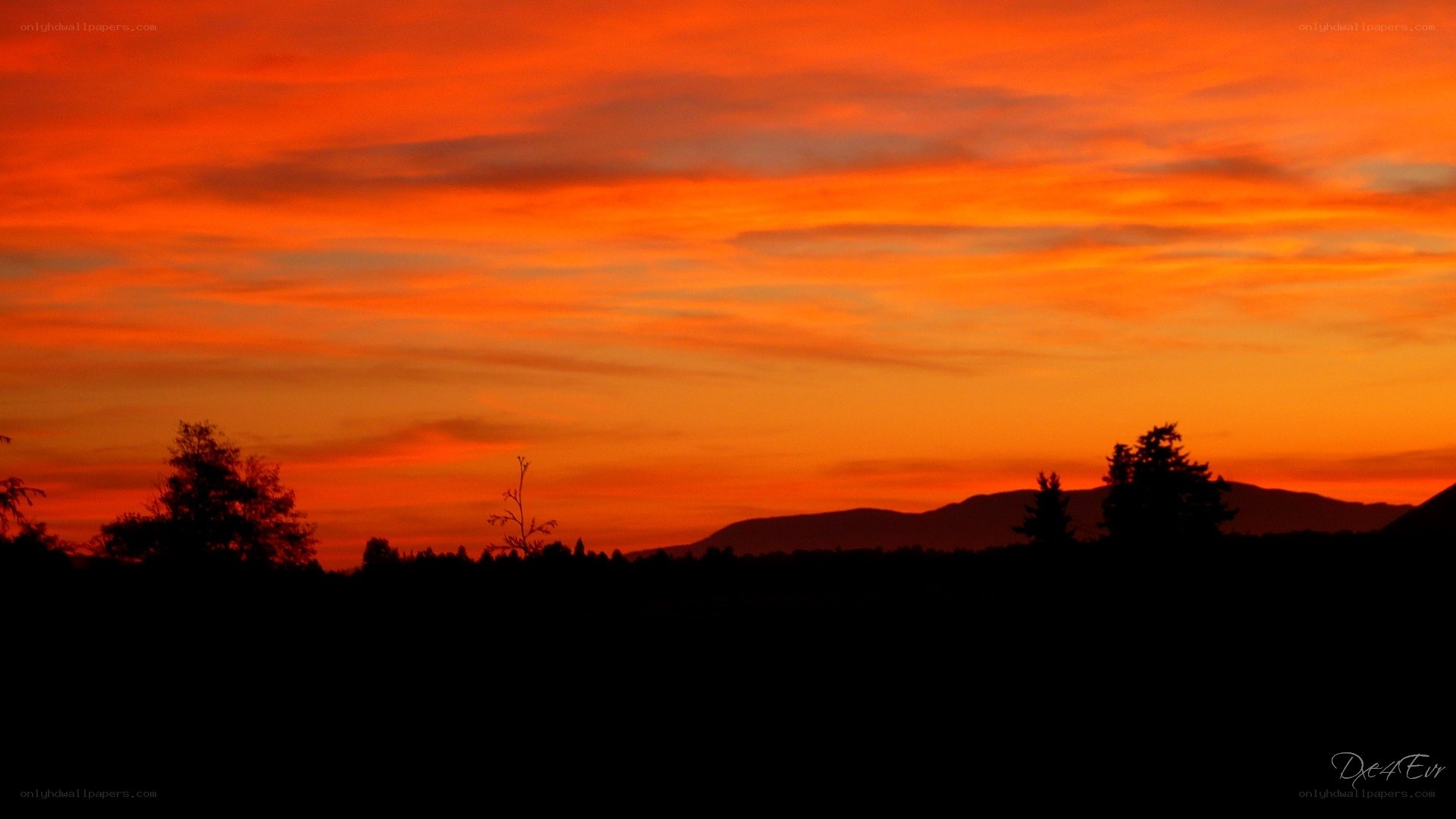 vibrant sunset over silhouetted landscape