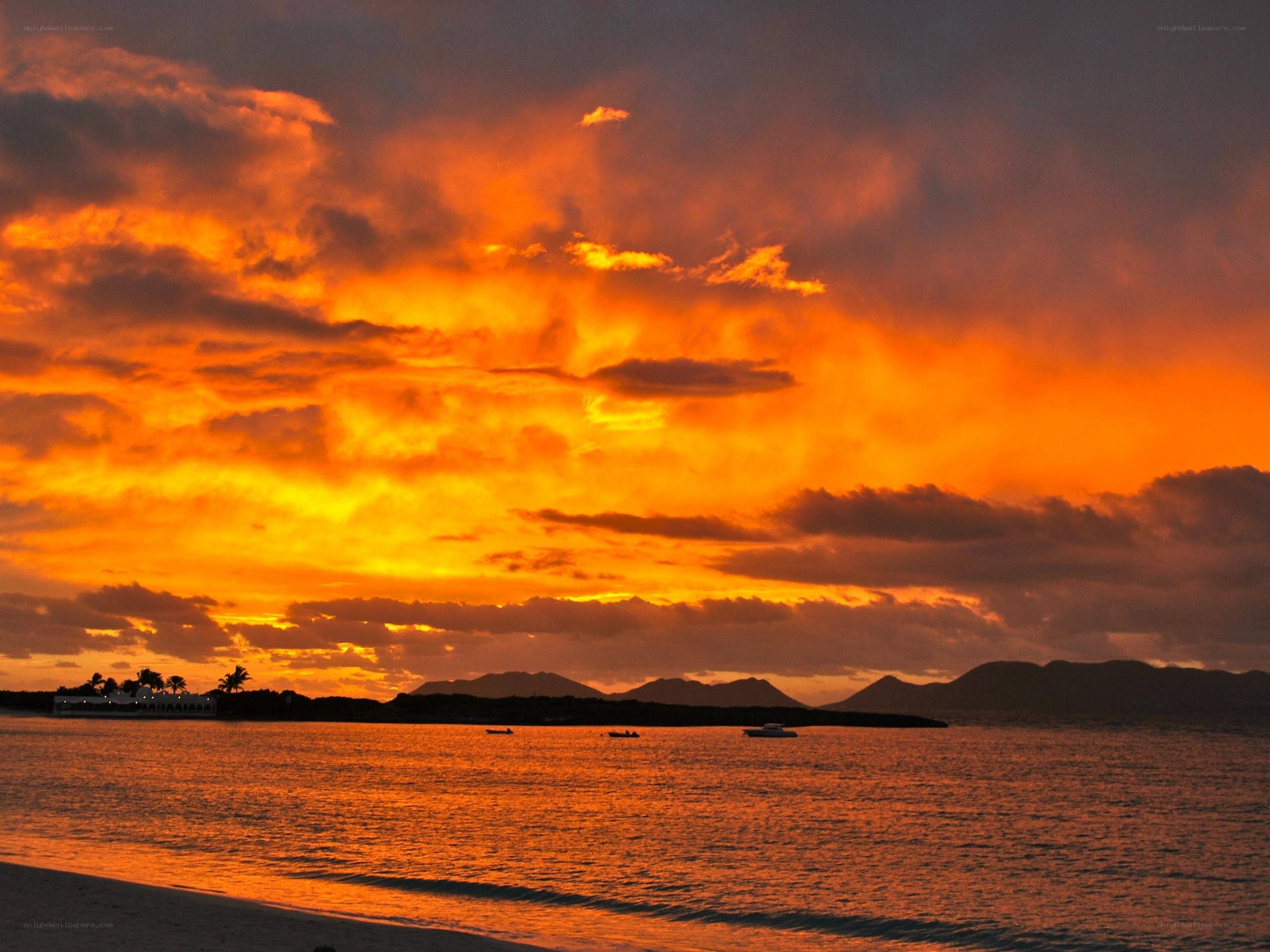Vibrant sunset over tropical island