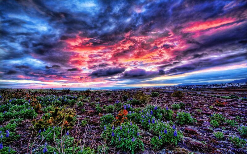 Vibrant sunset over volcanic field