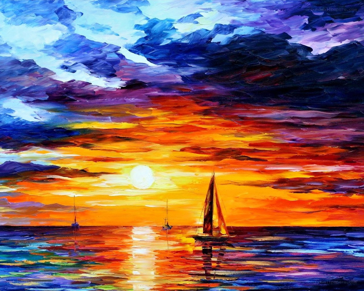 Vibrant sunset with sailboats