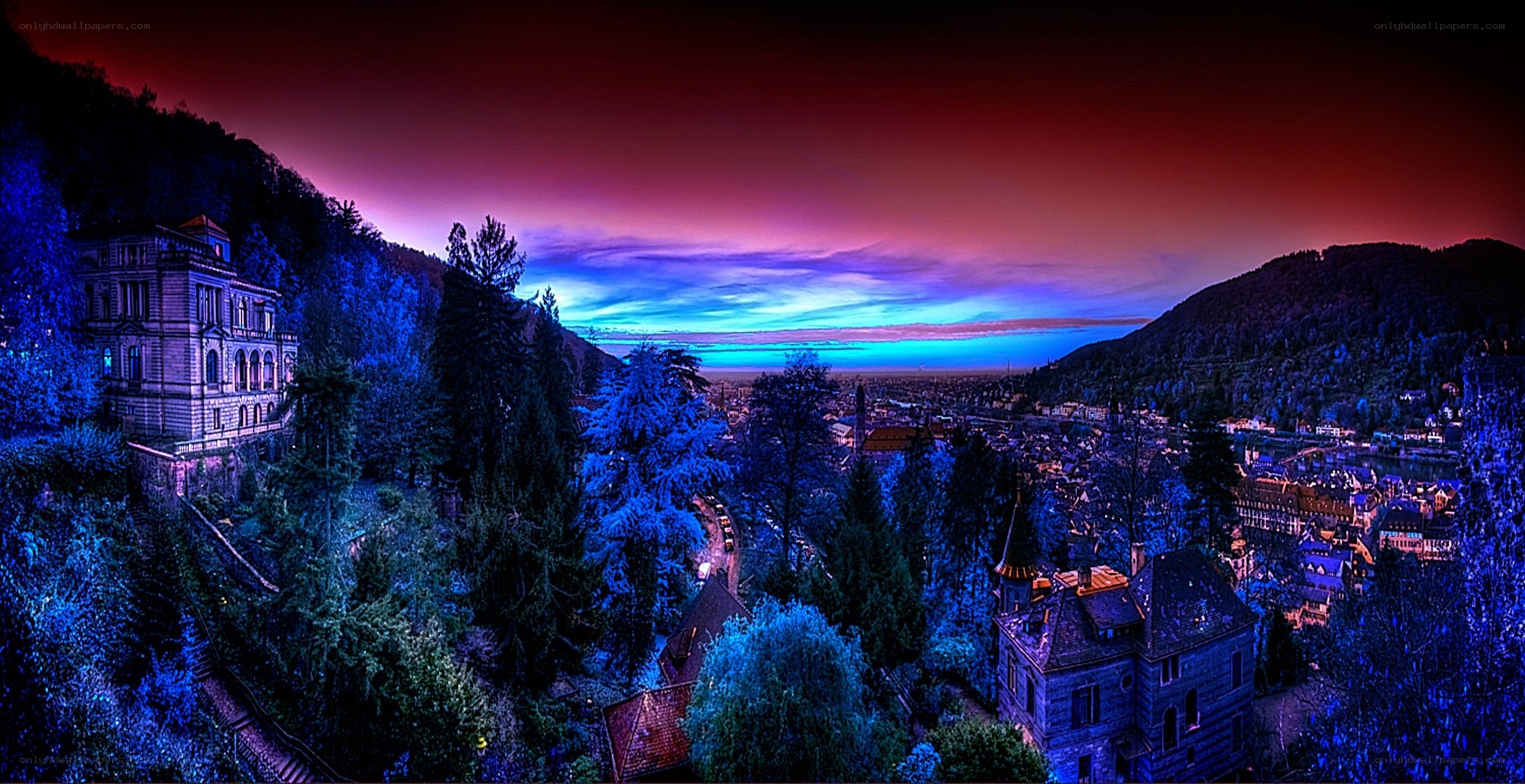 vibrant twilight over a hillside town