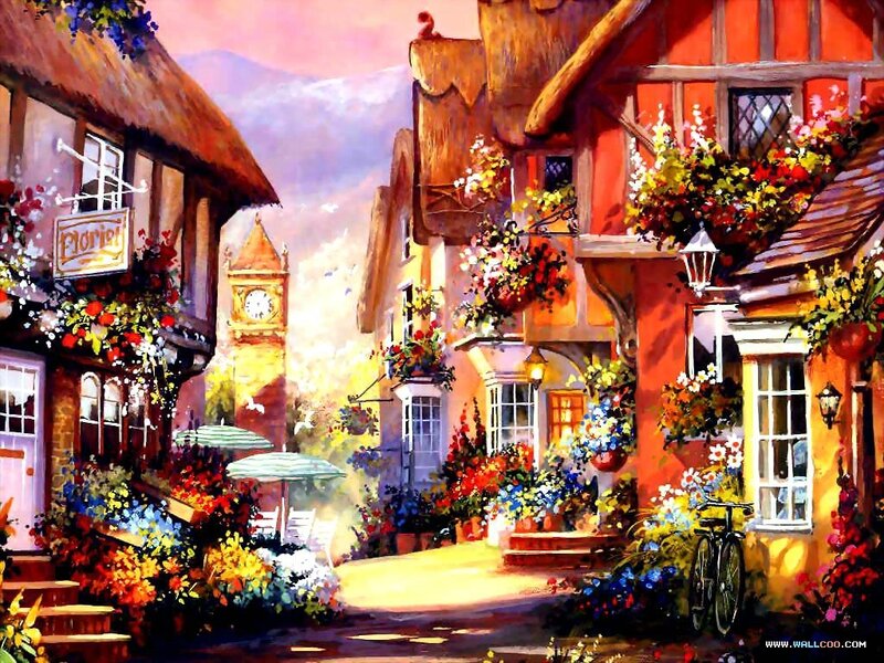 vibrant village street scene