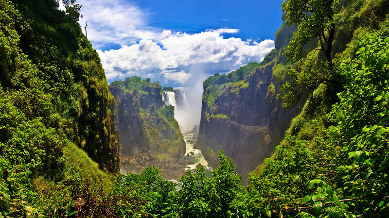 Victoria Falls Waterfall — Green, Dramatic, Afternoon, Photograph, River, Cliffs