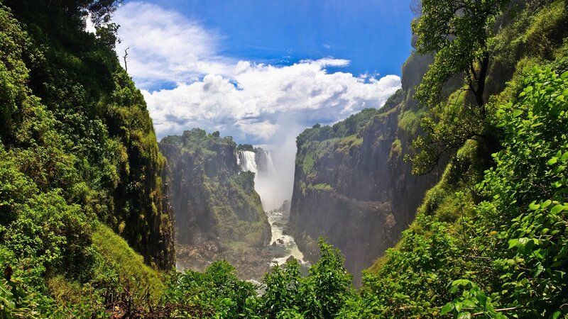 Victoria Falls Waterfall — Green, Dramatic, Afternoon, Photograph, River, Cliffs, Trees