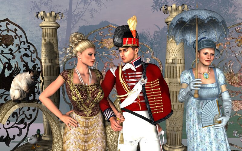 Victorian-era figures in a garden