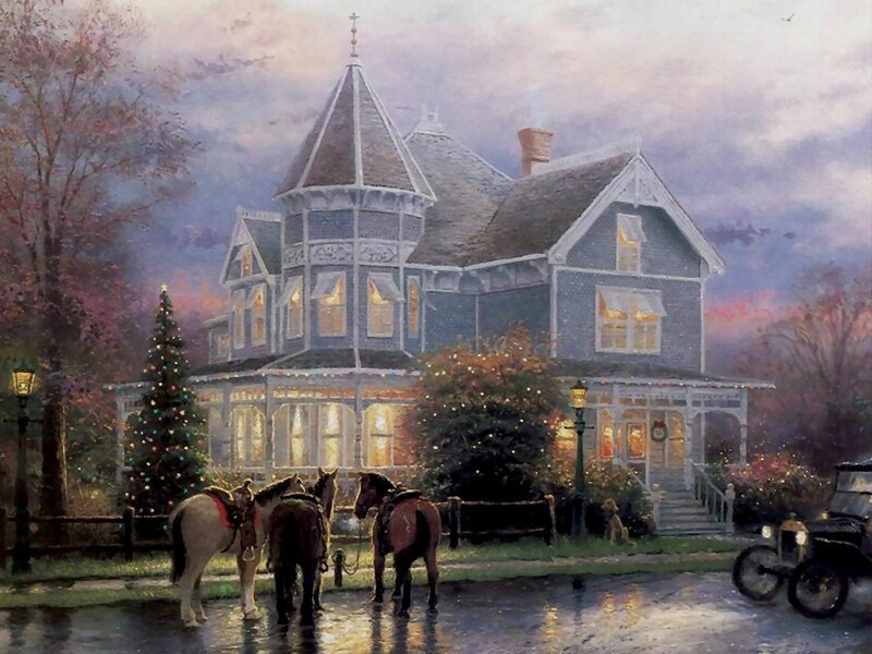 Victorian House at Dusk — Blue, Serene, Festive