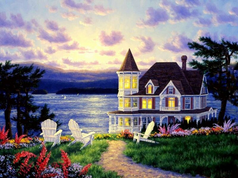 Victorian House by Lake — Blue, Serene