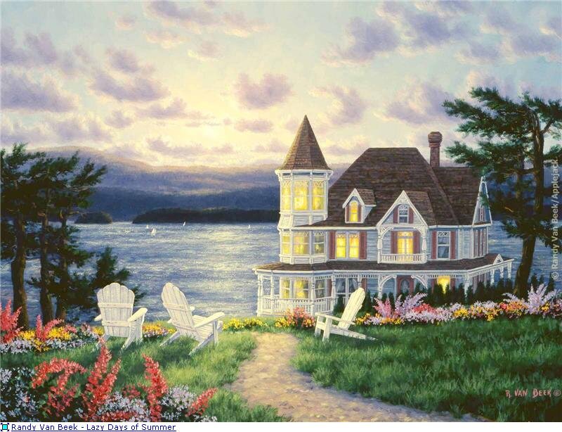 Victorian House by Lake — Blue