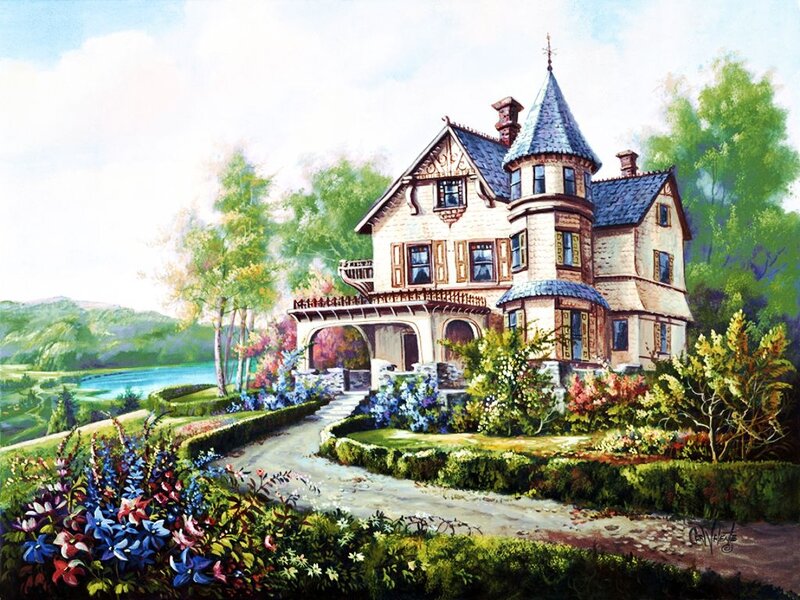 Victorian House by Lake — Green, Serene