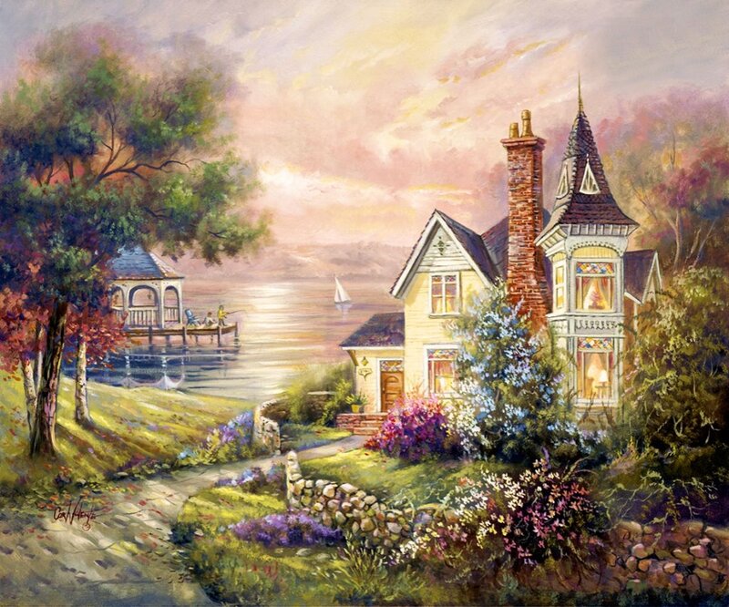 Victorian House by Lake — Yellow, Serene