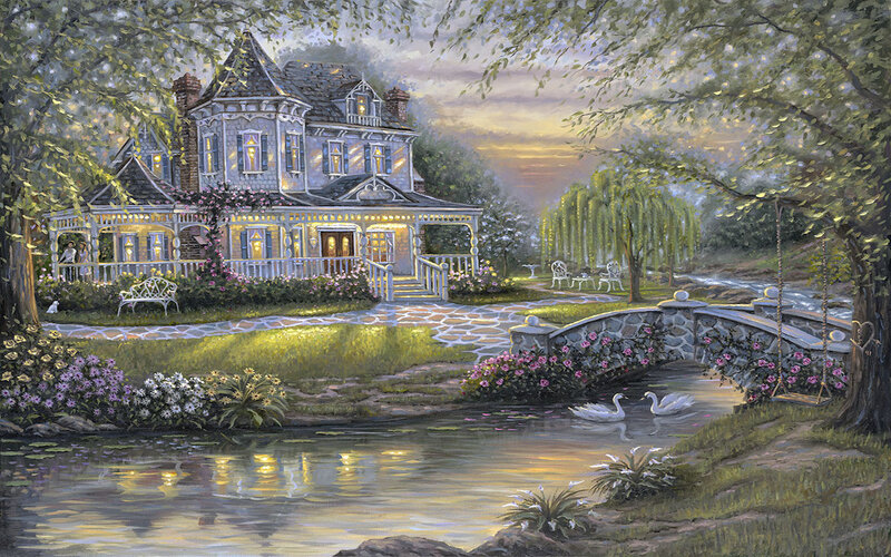Victorian House by River — Green, Serene, Sunset