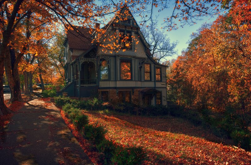 Victorian House in Autumn — Orange, Serene, Photograph