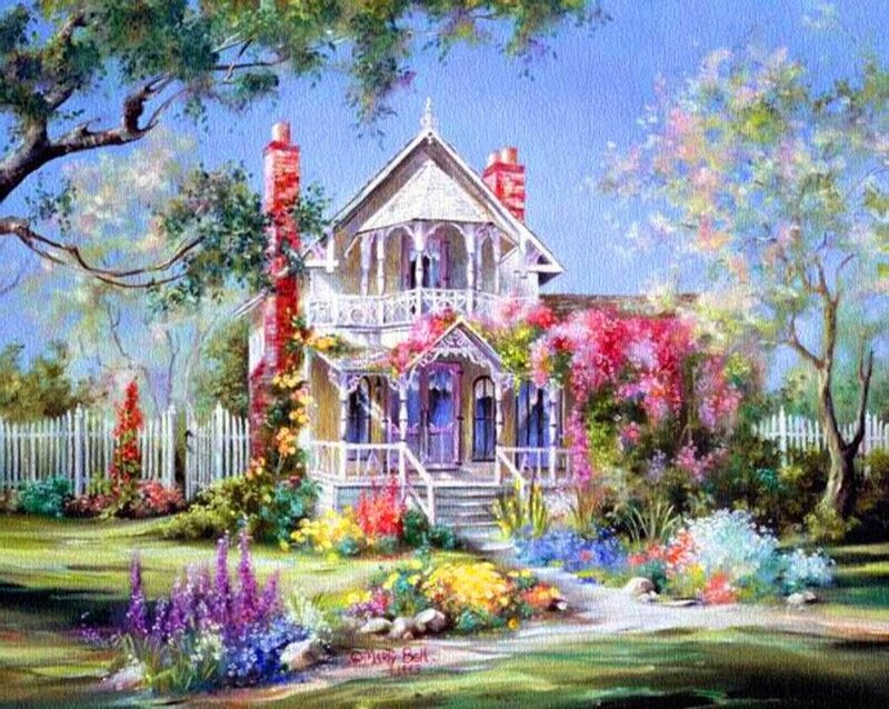 Victorian House in Garden — Blue