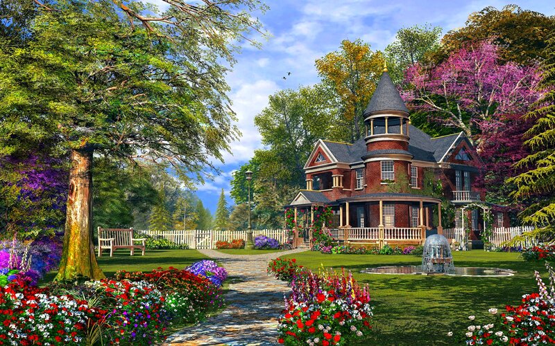 Victorian House in Garden — Green, Serene, Afternoon, Digital Art, Flowers, Fountain