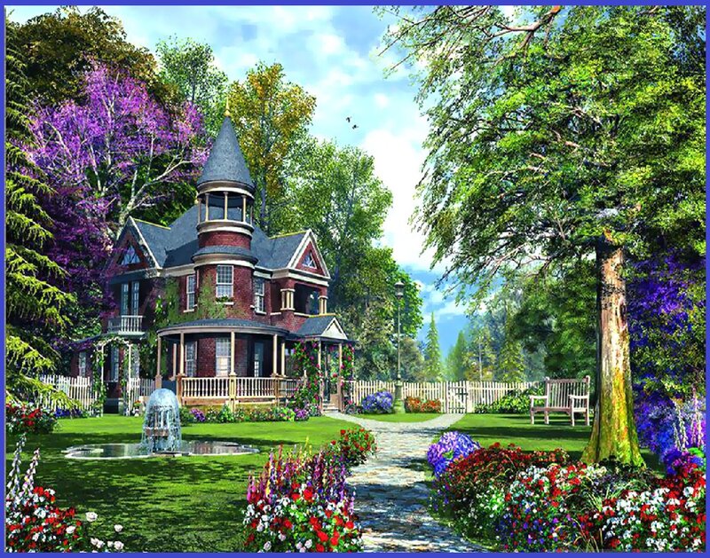 Victorian House in Garden — Green, Serene, Afternoon, Digital Art