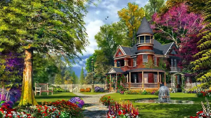 Victorian House in Garden — Green, Serene, Afternoon, Digital Art, Trees