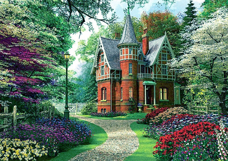Victorian House in Garden — Green, Serene, Afternoon, Illustration