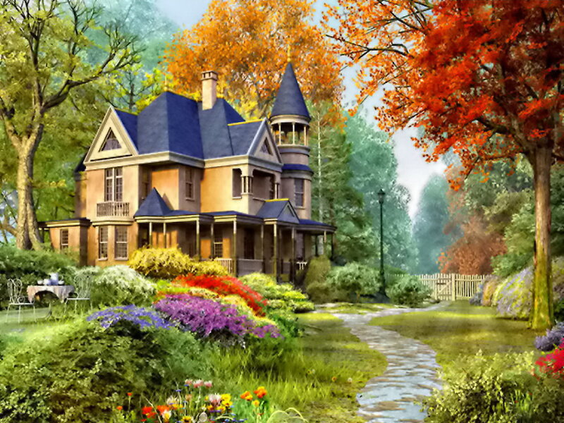 Victorian House in Garden — Green, Serene, Autumn, Digital Art
