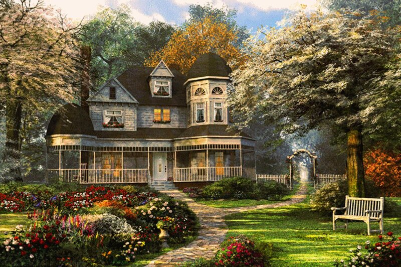 Victorian House in Garden — Green, Serene, Spring, Painting