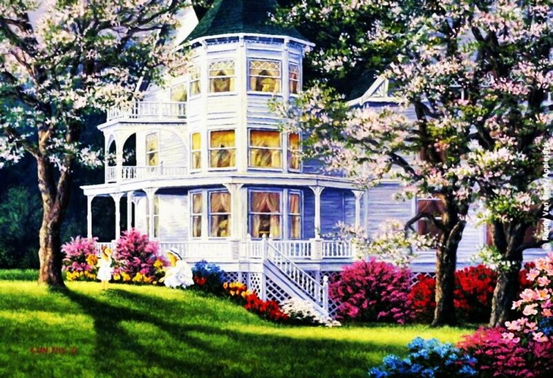 Victorian House in Garden — Green, Serene, Spring, Painting, Trees