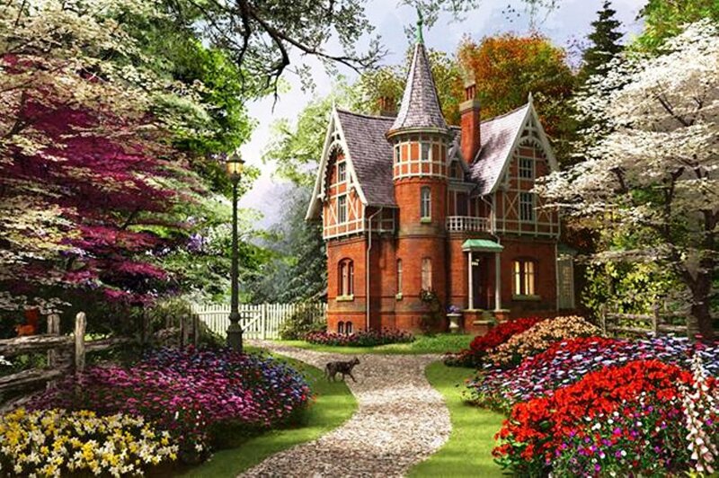 Victorian House in Garden — Red
