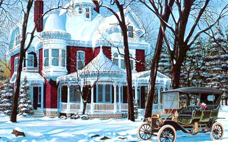 Victorian House in Snow — White, Peaceful