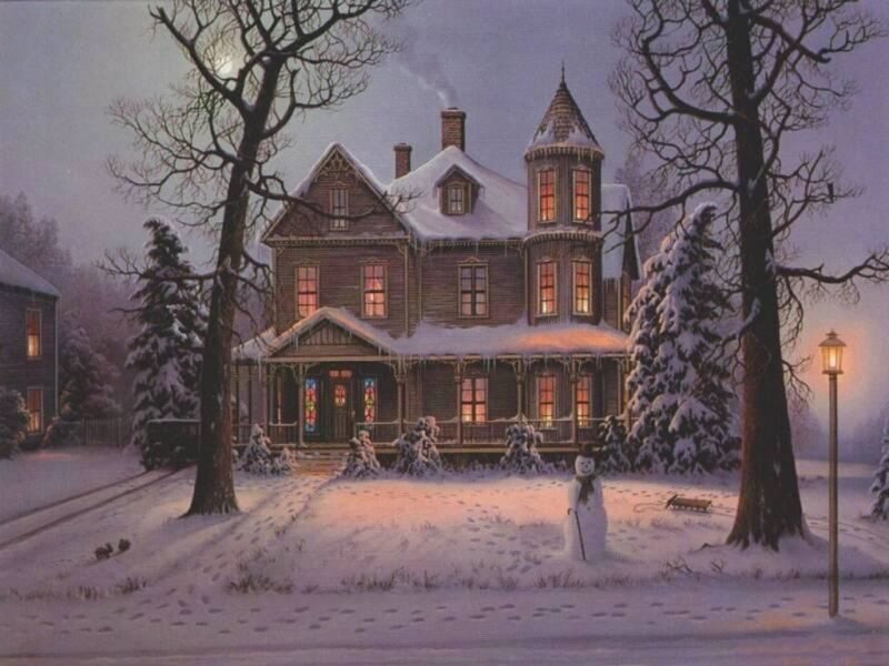 Victorian House in Snow — White, Serene