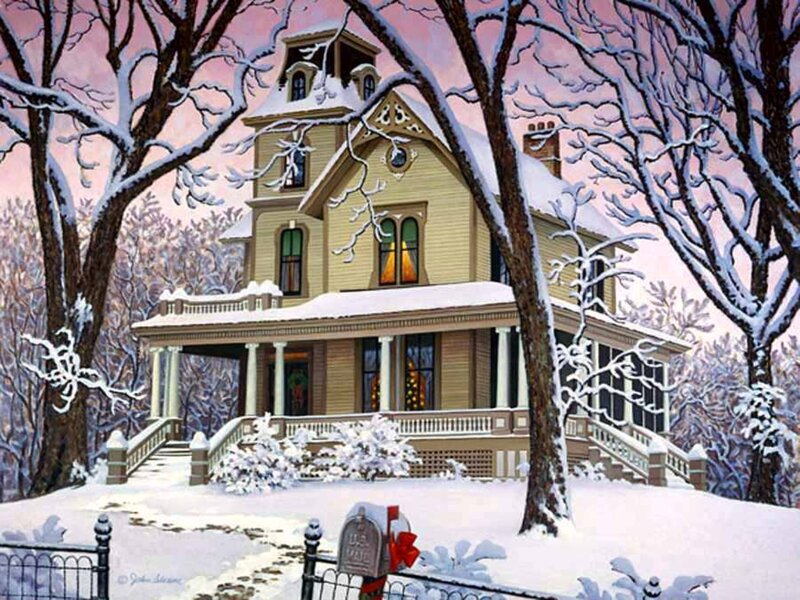 Victorian House in Snow — White