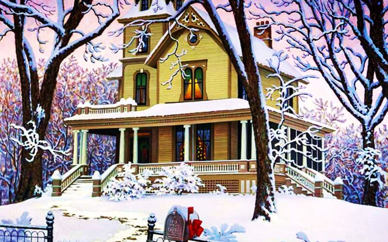 Victorian House in Snow — Yellow, Peaceful