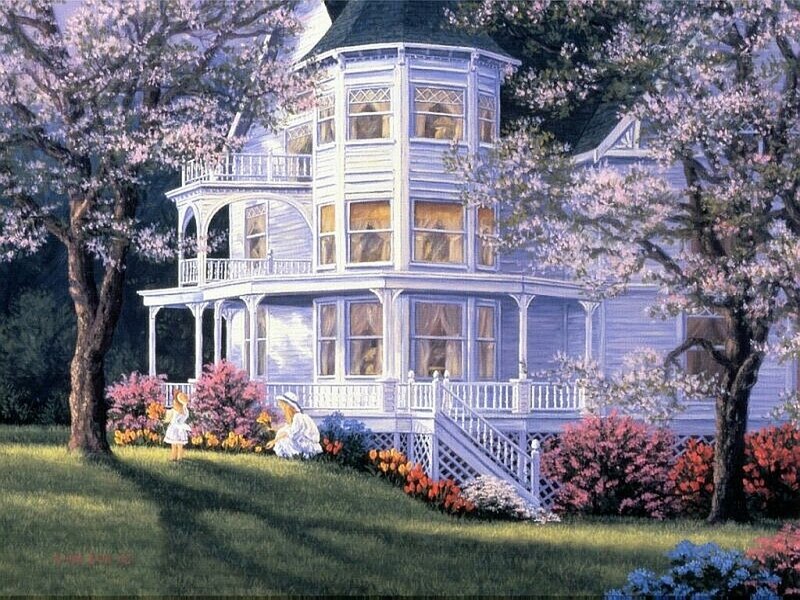 Victorian house in spring garden